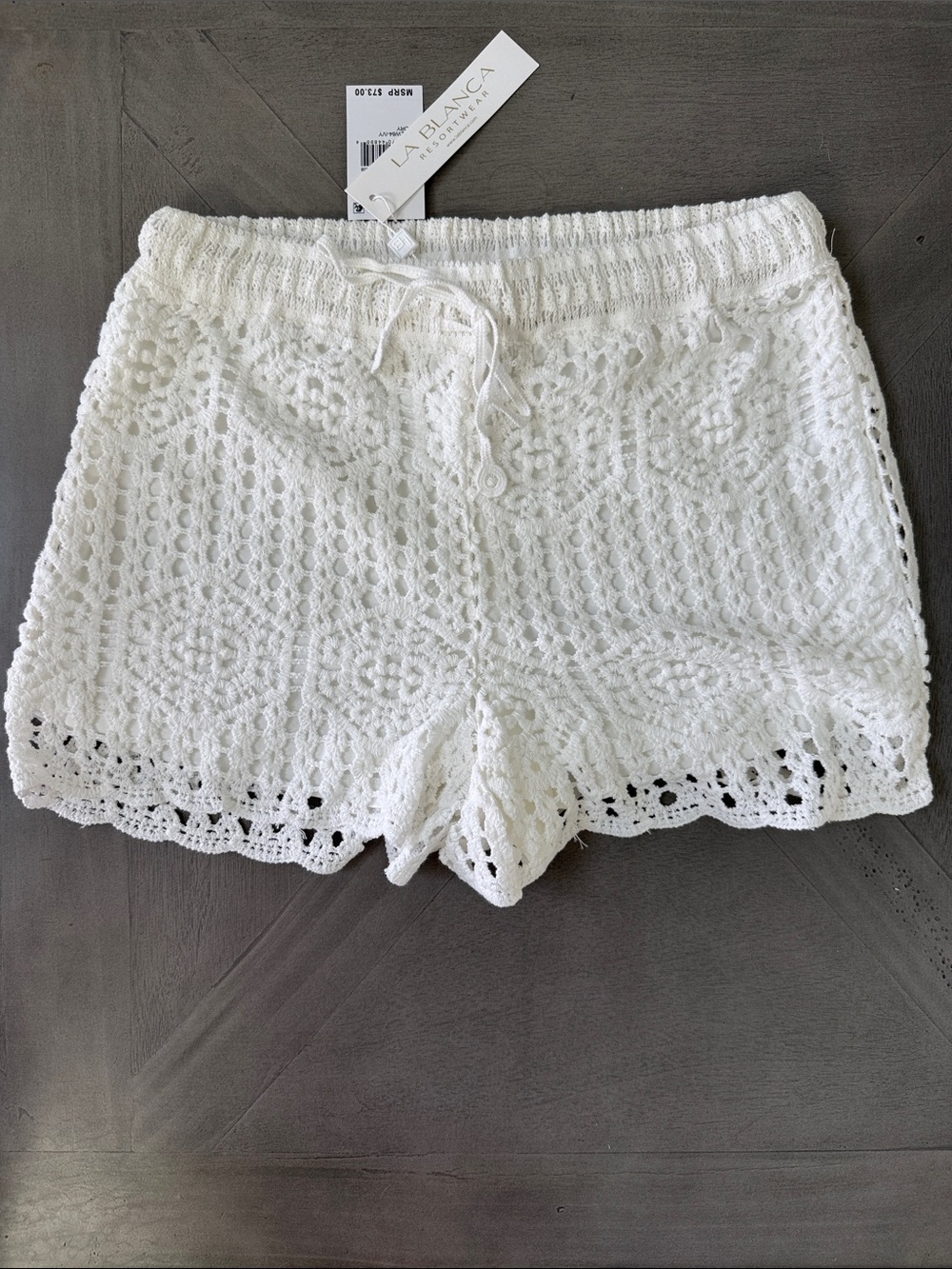 La Blanca Ivory Crochet High-Waist Drawstring Shorts